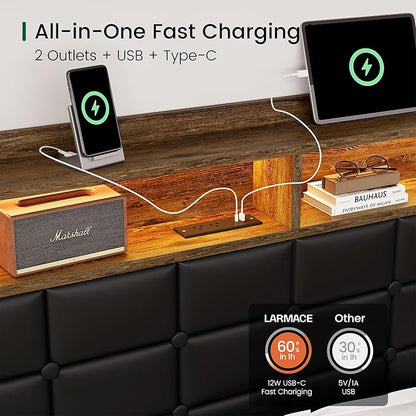 LARMACE Queen Size Bed Frame with 4 Storage Drawers and Bookcase Headboard, Faux Leather Upholstered, Wooden Platform Bed Frame with Charging Station and LED Lights, No Box Spring Needed, Brown