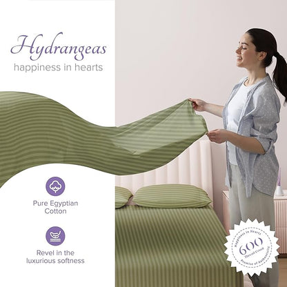 Carressa Linen Luxury Egyptian Cotton King Stripe Sheet Set - 600 Thread Count Extra Long Staple 4 PC Set, Herb Garden King Damask Sheets, Soft, Cooling Sateen Weave Sheets Upto 18 in Deep Pocket