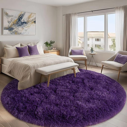 Round Purple Rug for Bedroom, 8 ft Circle Area Rugs for Living Room, Soft Large Fluffy Shag Carpet for Teen Girls Boys Nursery Room Dorm Home Decor Aesthetic