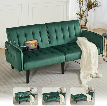 TYBOATLE 65" W Velvet Modern Convertible Folding Futon Couch Sofa Bed w/ 2 USB Charging Ports and arms, Loveseat for Living Room, Office, Apartment, Bedroom (Green)