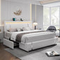 Keyluv King Size Bed Frame with RGB LED Lights & 2 Storage Drawers, Modern Upholstered Platform Bed with Iron Metal Decor, USB Charging Ports, White