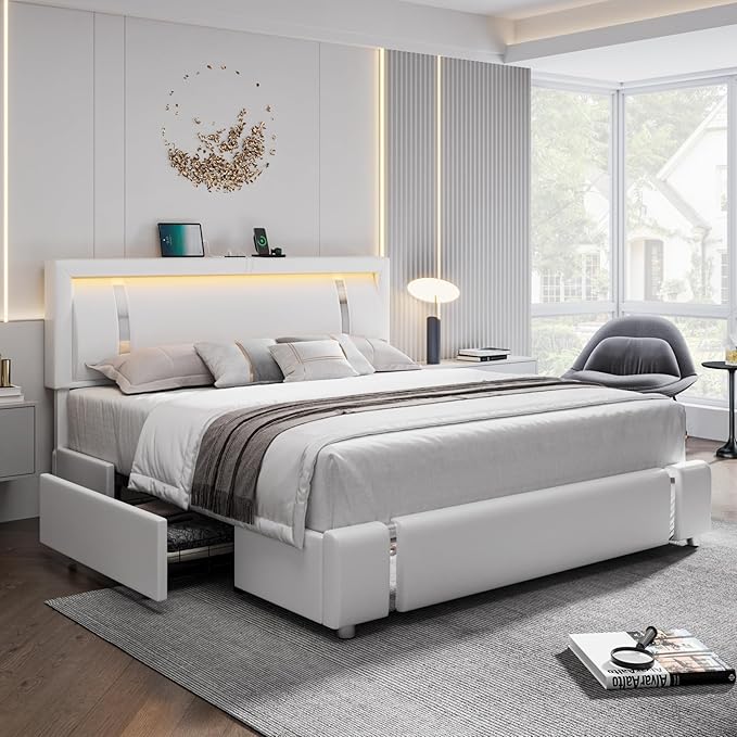 Keyluv Queen Bed Frame with RGB LED Lights Headboard & 2 Storage Drawers, Modern Upholstered Faux Leather Smart Platform Iron Metal Decor, USB USB-C Charging Ports, No Box Spring Needed, White