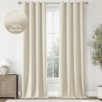 ChrisDowa 100% Blackout Birch Solid Curtains 108 Inches Long 2 Panels for Bedroom Living Room,Farmhouse Room Darkening Thermal Insulated Soundproof Grommet Top Window Treatment Drapes,52x108