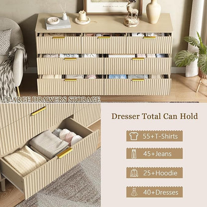 CARPETNAL Fluted 7 Drawer Dresser for Bedroom, 55" Wide Wooden Chest of Drawers with Rounded Corners, Gold Handles, Modern Storage Organizer for Bedroom, Hallway(Beige)