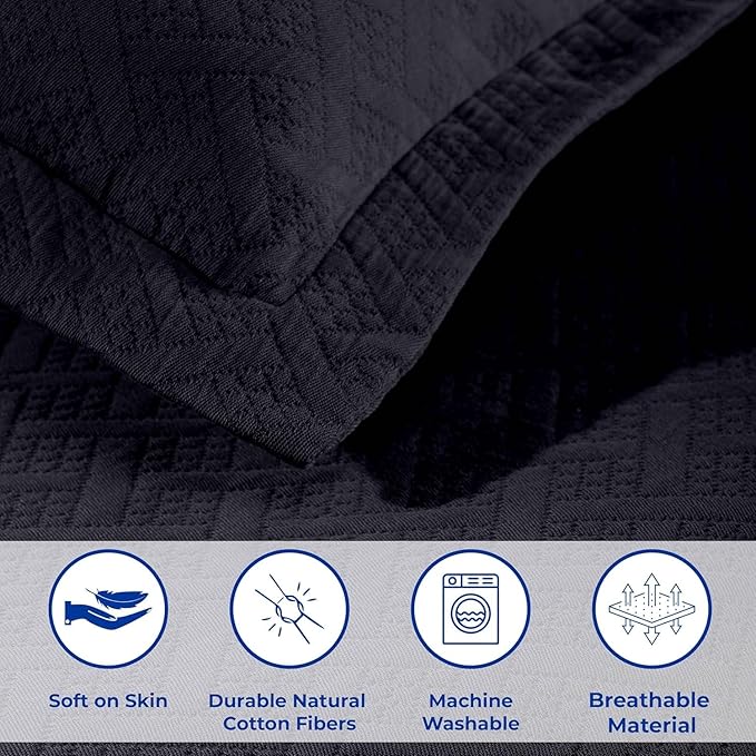 Superior 100% Cotton Basket Weave Bedspread with Shams, All-Season Premium Cotton Matelasse Jacquard Bedding, Quilted-Look Geometric Basket, Queen, Navy Blue