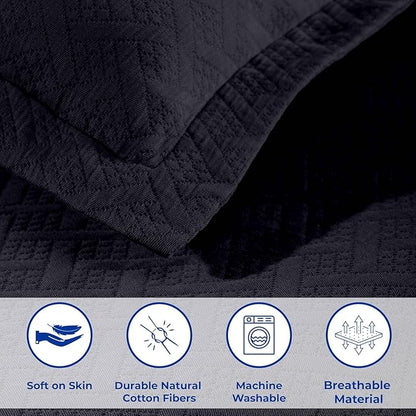 Superior 3 Piece Basketweave Cotton Bedspread Set, Home Bed Decor, Decorative Bed Spread, 2 Pillow Shams, Medium Weight Blanket, Matelasse Coverlet Bedding, Geometric Lattice Pattern, Full, Navy Blue