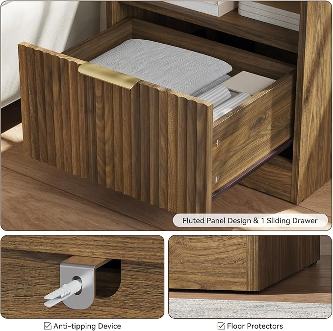 9 Drawer Dresser & Nightstand Set 3-Piece, 63” Wide Bedroom Dresser Set Night Stand Set of 2 with Metal Handle, Fluted Modern Wood Chest of Drawers Storage Dressers Set for Bedroom, Walnut