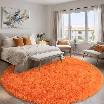 Round Orange Rug for Bedroom, 7 ft Circle Area Rugs for Living Room, Soft Large Fluffy Shag Carpet for Teen Girls Boys Nursery Room Dorm Home Decor Aesthetic