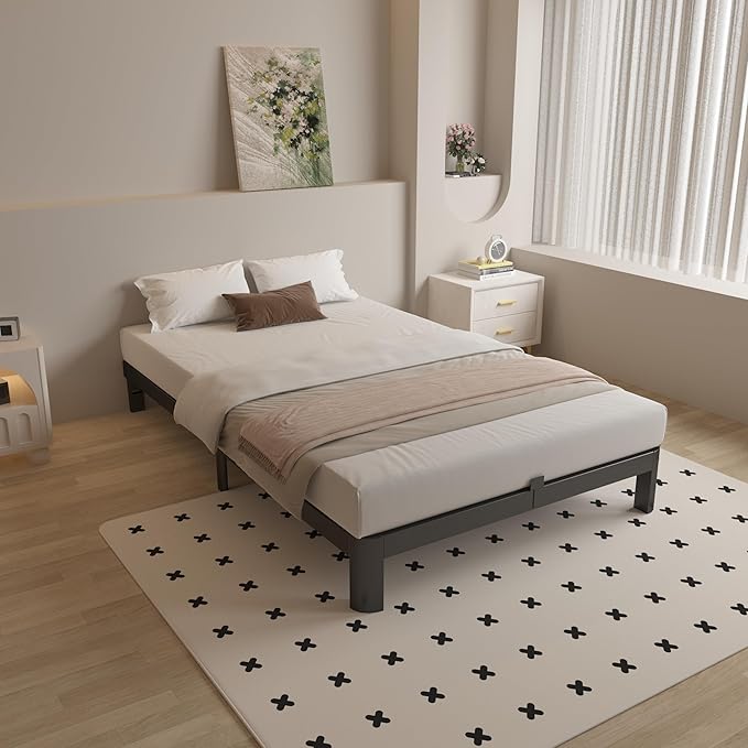4 Inch Twin Bed Frames with Metal Baffles, Black Bed Frame Twin Size No Box Spring Needed, Rounded Corner Legs, Heavy Duty Steel Platform Support, Reserved Holes, Noise Free, Easy Assembly
