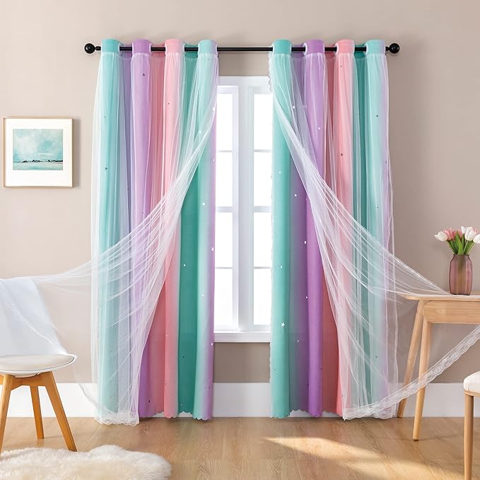 XiDi Curtains for Bedroom Decor, Rainbow Blackout Curtains for Kids Room, Unicorn Wall Decals Pink Curtains Pink Purple Green 52/54/1