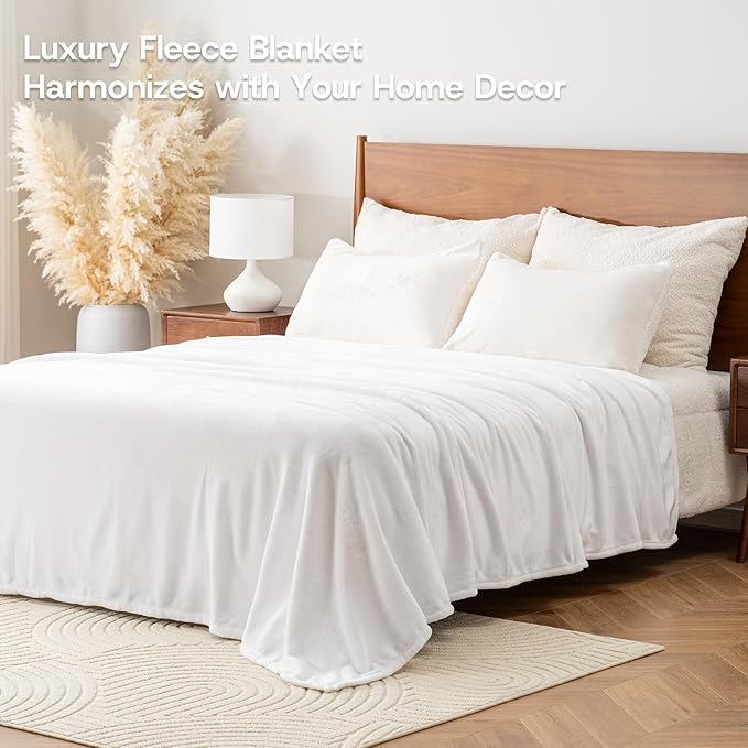 Luxury Fleece Warm Blanket, Soft Lightweight Velvety Plush Blanket for Sofa and Bed, Cozy Comfy for All Seasons(True White, 70×90 Inches)