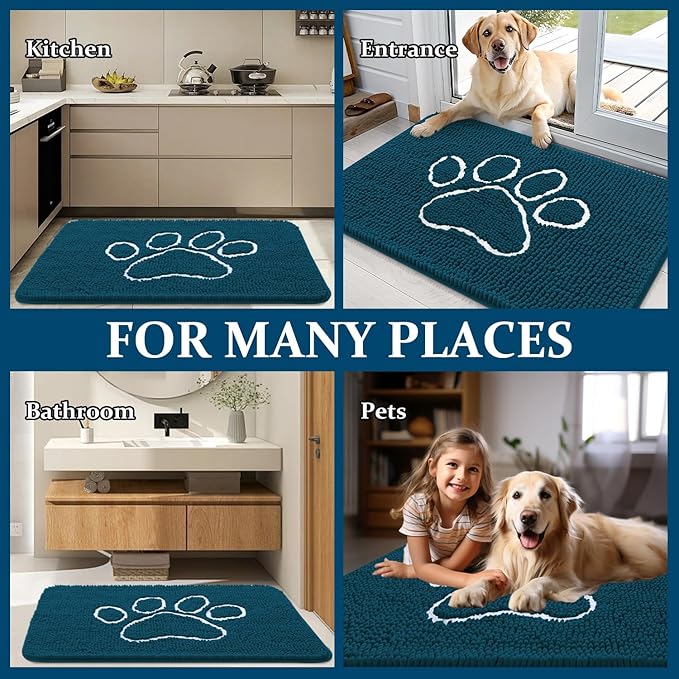 OLANLY Dog Door Mat for Muddy Paws 47x24, Paw Print Design, Absorbs Moisture and Dirt, Absorbent Non-Slip Washable Doormat, Quick Dry Chenille Mud Mat, Entry Indoor Entryway Carpet, Atlantic Blue