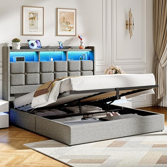Lift Up Queen Bed Frame with Storage, Upholstered Bed Frame Queen Size with LED Lights Headboard and Charging Station, No Box Spring Needed, Easy Assembly - Light Grey