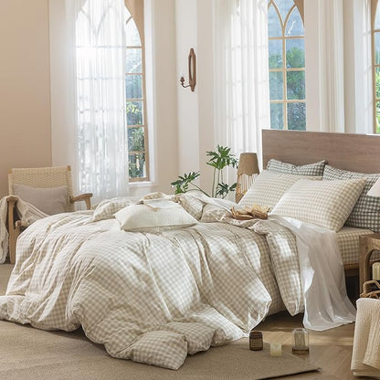 MooMee Gingham Duvet Cover Set 100% Washed Cotton Linen Like Textured Breathable Durable Soft Comfy Modern Checkered Design (Almond Milk Grey Gingham, Super Queen 90"x98")
