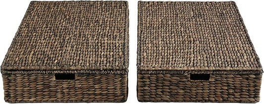 happimess BSK2015B-SET2 Holden 30" Classic Costal Hand-Woven Hyacinth Wicker Under Bed Storage Basket with for Storage and Decoration in Bathroom, Bedroom, Closet, Entryway, Brown (Set of 2)