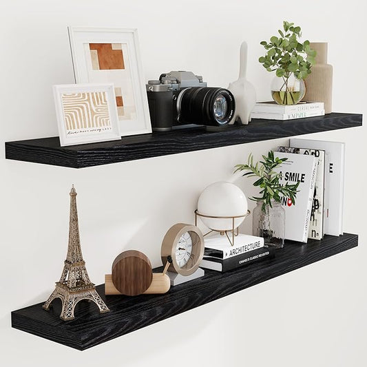 Fun Memories 55 Inch Floating Shelves for Wall Set of 2, 55x9.3 Large Floating Shelf for Bedroom, Kitchen, Bathroom, Wall Mounted Rustic Wood Shelves with Invisible Bracket for Books, Decor, Black