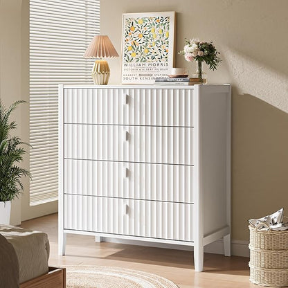 4 Drawer Dresser, Modern Chest of Drawers for Bedroom, Wood Fluted Dresser Organizer with Deep Drawers for Clothes, Nightstand for Bedroom, Hallway, Living Room, Entryway, White