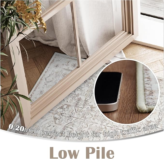 jinchan Lima Hallway Runner Rug 2x8 Washable - Vintage Floral Non Slip Low-Pile Soft Ultra-Thin Faux Wool Kitchen Rug Distressed Carpet Runner for Farmhouse Bedroom Laundry (2x8ft, Taupe)