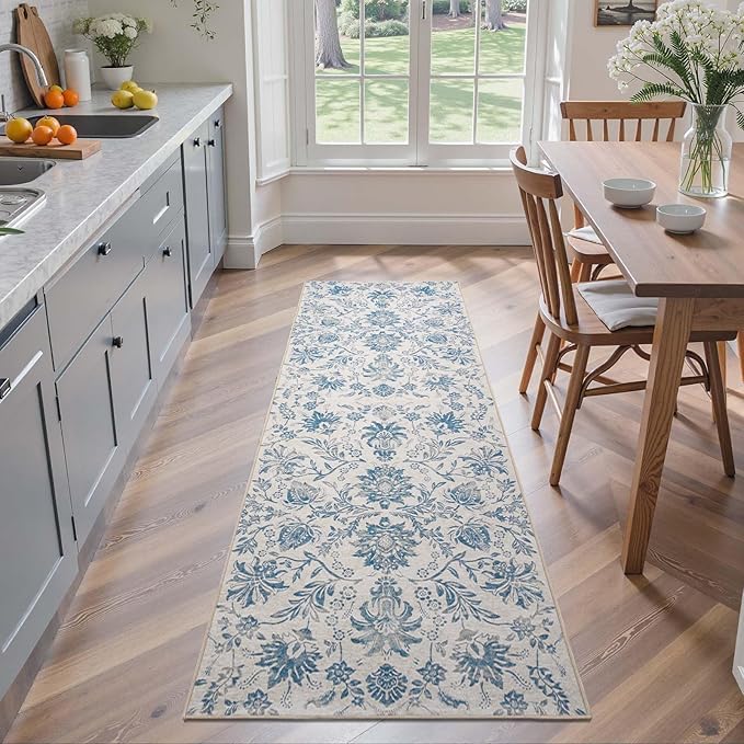 jinchan Torino Runner Rugs 2x5 - Vintage-Inspired Floral Design Machine Washable Non-Slip Ultra-Thin Low-Pile Rubber Backing Runner Rug for Kitchen Hallway Laundry Room Entryway Dark Blue