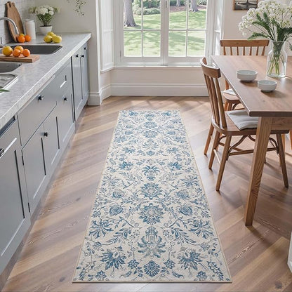 jinchan Torino Runner Rugs 2x5 - Vintage-Inspired Floral Design Machine Washable Non-Slip Ultra-Thin Low-Pile Rubber Backing Runner Rug for Kitchen Hallway Laundry Room Entryway Dark Blue