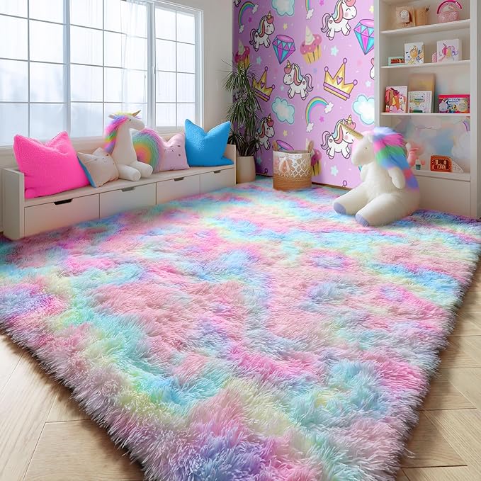 PAGISOFE Fluffy Colorful Rainbow Rugs for Bedroom Girls 5x7, Soft Unicorn Shag Cute Girls Room Rugs for Kids Playroom Living Room Nursery Home Decor, Furry Kawaii Princess Rug,Pastel Shaggy Rug Carpet