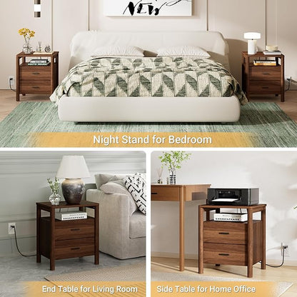 FavourLife Night Stand, 20" Wide Nightstand, Modern Nightstand with Charging Station, 2 Drawer Wooden End Table with Solid Round Post Legs & Open Shelf, Bedside Table w/Storage for Bedroom, Walnut
