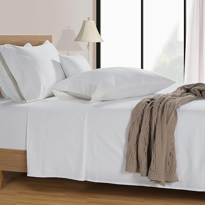 LANE LINEN 600 Thread Count 100% Cotton Cal King Sheet Set, Soft & Confy Hotel Style Thick White Cal King, Mercerized Cotton for Silky Finish, Fully Elasticized Fitted Sheet Luxury - White