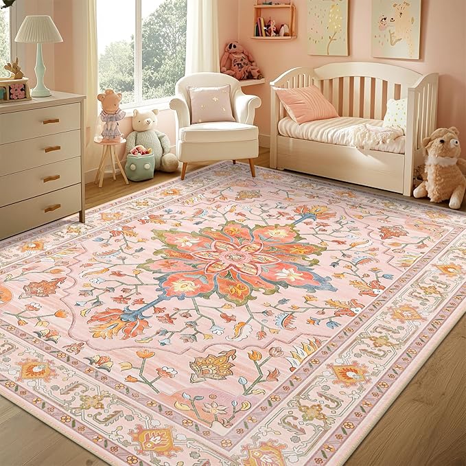 Area Rugs 6'x9' Washable Non-Slip, Floral Vintage Distress Print Pattern Medallion Carpet for Living Room Bedroom Dining Room, Light Pink Colorful