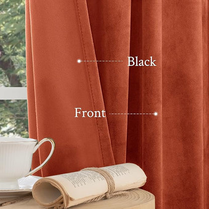LAMIT Terracotta Velvet Curtains for Living Room, 96 Inch Thermal Insulated Noise Reducing Panels Rustic Vintage Room Darkening Drapes with Back Tab and Rod Pocket, 2 Panels, 52 x 96 Inch