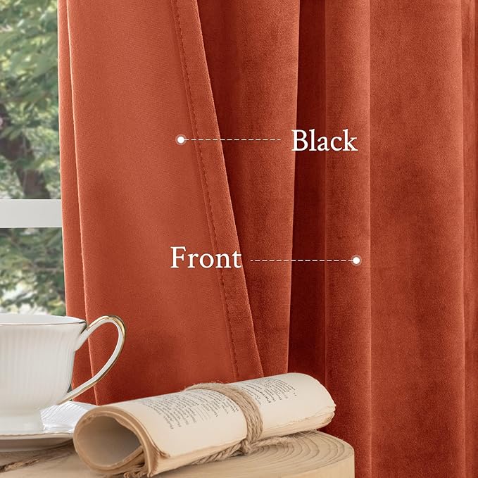 LAMIT Terracotta Velvet Curtains 108 Inch, Thermal Insulated Room Darkening Drapes for Living Room Bedroom Rustic Vintage Noise Reducing Panels with Back Tab and Rod Pocket, 2 Panels, 52 x 108 Inch