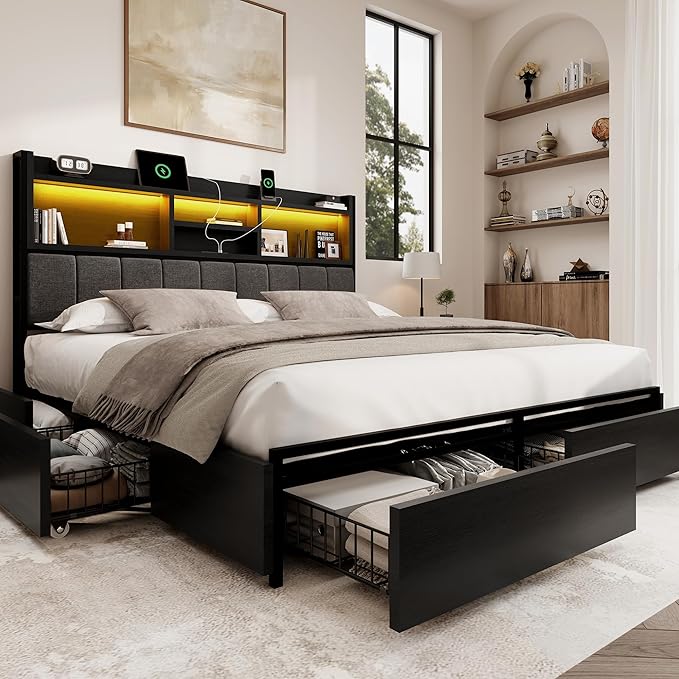 Queen Bed Frame with 6 Storage Drawers, Linen Upholstered Headboard, Built-in USB Charging Station & LED Lighting, Silent Metal Support, No Box Spring Needed, Vintage Black