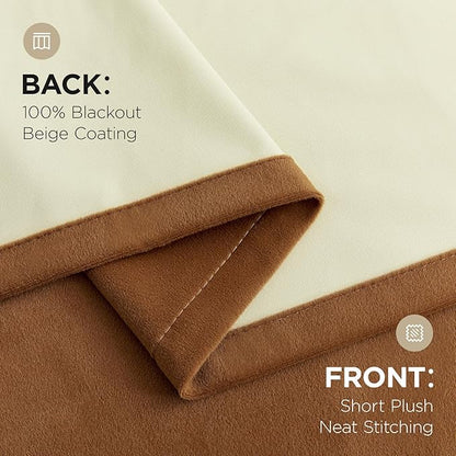 Joydeco Golden Brown 100% Blackout Curtains 102 Inch 2 Panels, Luxury Thermal Brown Velvet Curtains for Bedroom Living Room, Soundproof Blackout Window Drapes, Rod Pocket & Back Tab (52W x 102L)