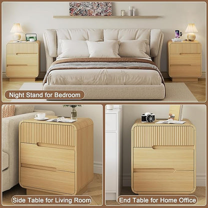 7 Drawer Dresser and 2 Nightstand Sets for Bedroom 3 Pcs Bedroom Set, Modern 47.2" Fluted Dresser with Invisible Handles Nightstand Charging Station, Bedroom Furniture Set for Living Room, Natural