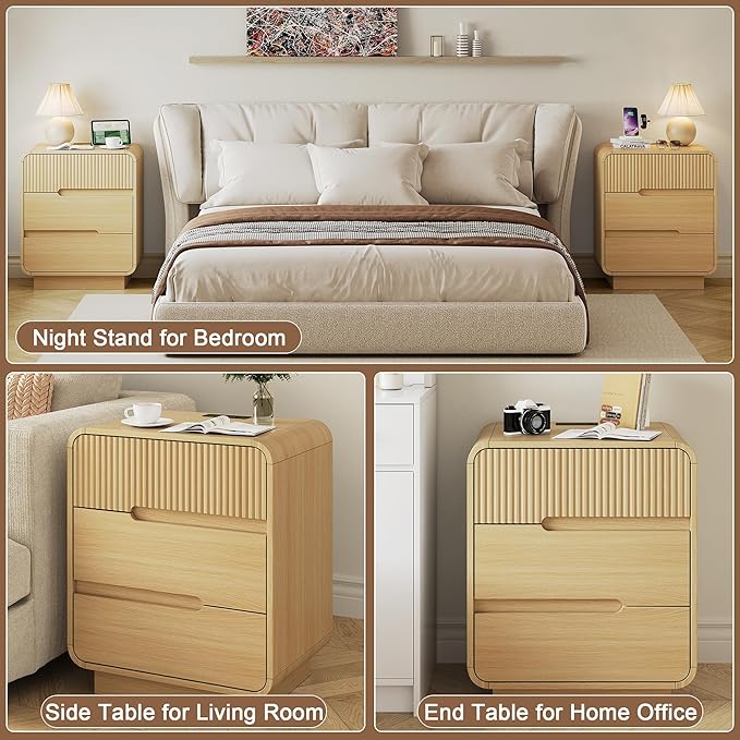 6 Drawer Dresser and 2 Nightstand Sets for Bedroom 3 Pcs Bedroom Set, Modern 47.2" Fluted Dresser with Invisible Handles Nightstand Charging Station, Bedroom Furniture Set for Living Room, Natural