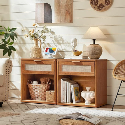 LEYAOYAO Rattan Nightstands Set of 2 with Charging Station, Tea Brown Night Stand with Drawer, 23" Wide Boho Bedside Table with Storage Shelf, Bed Side End Tables for Bedroom, Living Room, Hallway