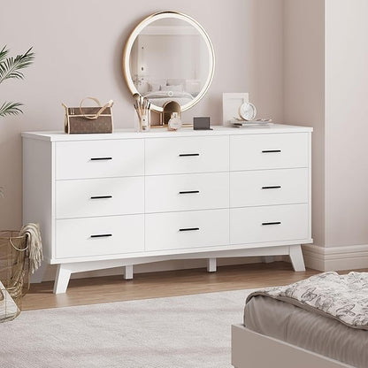 Dresser for Bedroom, 9 Drawer Wide Modern Chest of Drawers with X-Shaped Sturdy Base, Wood Double Dresser Closet Clothes Storage Organizer, Wooden TV Stand for Living Room, Hallway, White