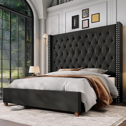 Jocisland Queen Size Bed Frame with 61.4" Tall Headboard, Velvet Upholstered Wingback Platform Design, Handcrafted Pleats& Deep Button Tufted, Solid Wood Legs, No Box Spring Needed, Black