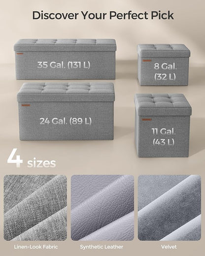 SONGMICS MAZIE Collection - 43 Inches Folding Storage Ottoman Bench, Ottoman Foot Rest, End of Bed Bench, Storage Chest, Load 660 lb, for Living Room, Bedroom, Entryway, Light Gray ULSF77G