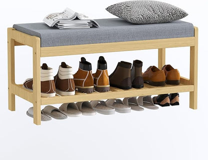 Shoe Bench Entryway, Solid Wood 2-Tier Shoe Rack Bench with Padded Seat, Shoe Organizer for Hallway Living Room, Mudrooms, Natural