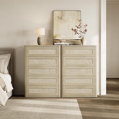 SICOTAS Tall Dresser for Bedroom - Rattan 5 Drawer Dressers Chest of Drawers with Push-to-Open Design, Boho Extra Deep Clothes Dresser with Large Storage for Closet, Living Room, Sand Oak, 2PCS