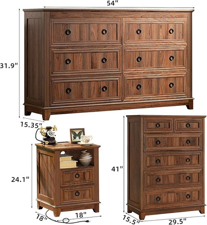Bedroom Dresser and Nightstand Sets 4 Piece, Farmhouse 6 Drawers Dresser & 40.5" Tall Chest of Drawers,18" Nightstands with Charging Station,54" Wide Furniture Dressers for Bedroom,Living Room
