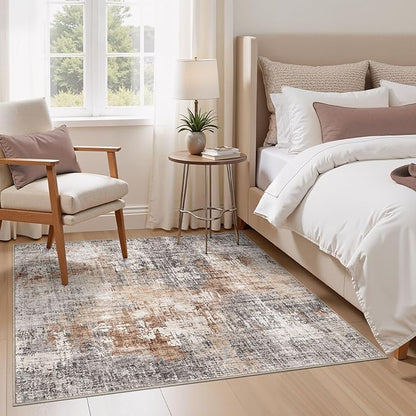 Square Area Rug Living Room Rugs - 6x6 Washable Large Soft Indoor Neutral Modern Abstract Low Pile Rug Carpet for Bedroom Dining Room Farmhouse Home Office - Grey Brown