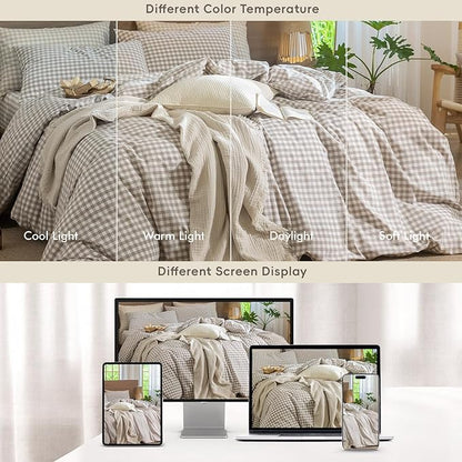 MooMee Gingham Duvet Cover Set 100% Washed Cotton Linen Like Textured Breathable Durable Soft Comfy Modern Checkered Design (Tannish Linen Grey Gingham, Queen 90"x90")