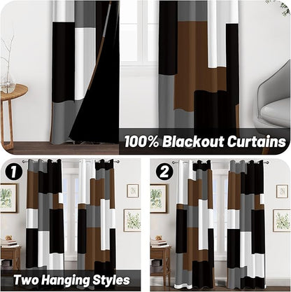 Brown 100% Blackout Curtains for Bedroom 96 inch Long 2 Panels Set Black White Gray Modern Abstract Geometric Black Out Curtains Insulated Room Darkening Window Drapes for Living Room, 52Wx96L