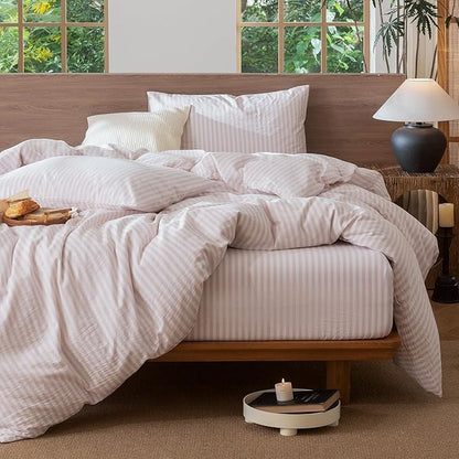 MooMee Striped Duvet Cover Set 100% Washed Cotton Linen Like Textured Breathable Durable Soft Comfy (Heathered Greyish Pink Classic Stripes, King 104"x90")