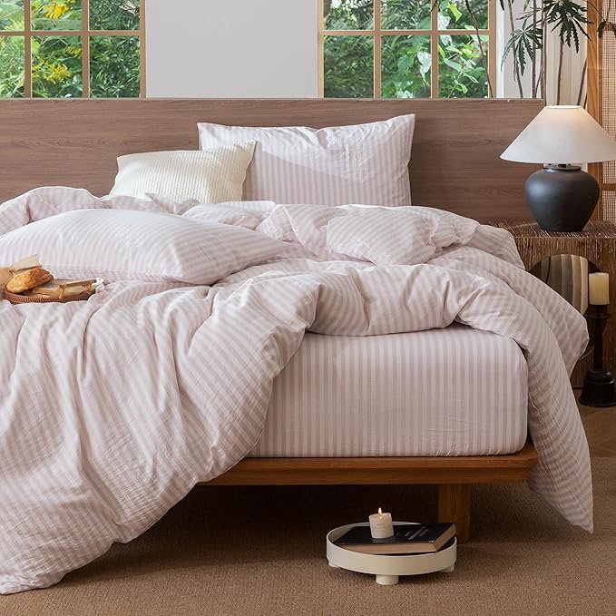 MooMee Striped Duvet Cover Set 100% Washed Cotton Linen Like Textured Breathable Durable Soft Comfy (Heathered Greyish Pink Classic Stripes, Oversized Full 82"x86")