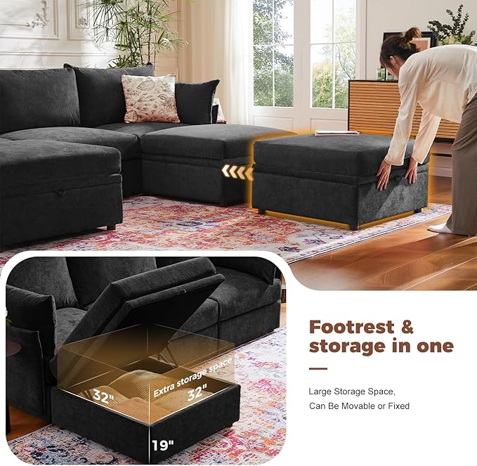 ABCASA 103.5" Oversized Modular Sectional Sofa, L Shaped Convertible Couch with Movable Ottoman, Large 6 Seat Corner Couches for Living Room Deep Seat- Black Chenille