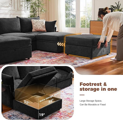 ABCASA 103.5" Oversized Modular Sectional Sofa, L Shaped Convertible Couch with Movable Ottoman, Large 6 Seat Corner Couches for Living Room Deep Seat- Black Chenille
