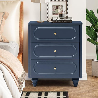 3 Drawer Fluted Dresser for Bedroom Set of 2, Mid Century Modern Chest of Drawers, Wood Storage Small Dresser Organizer for Bedroom Living Room Hallway Closet, Blue