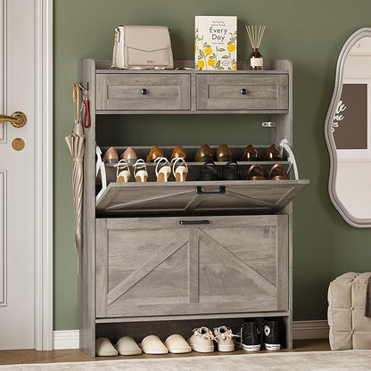 Shoe Storage Cabinet for Entryway, Farmhouse Narrow Shoe Cabinet with 2 Flip Drawers & Top Drawers, Adjustable Shelves & Hooks, Freestanding Hidden Rack Organizer for Hallway, Foyer